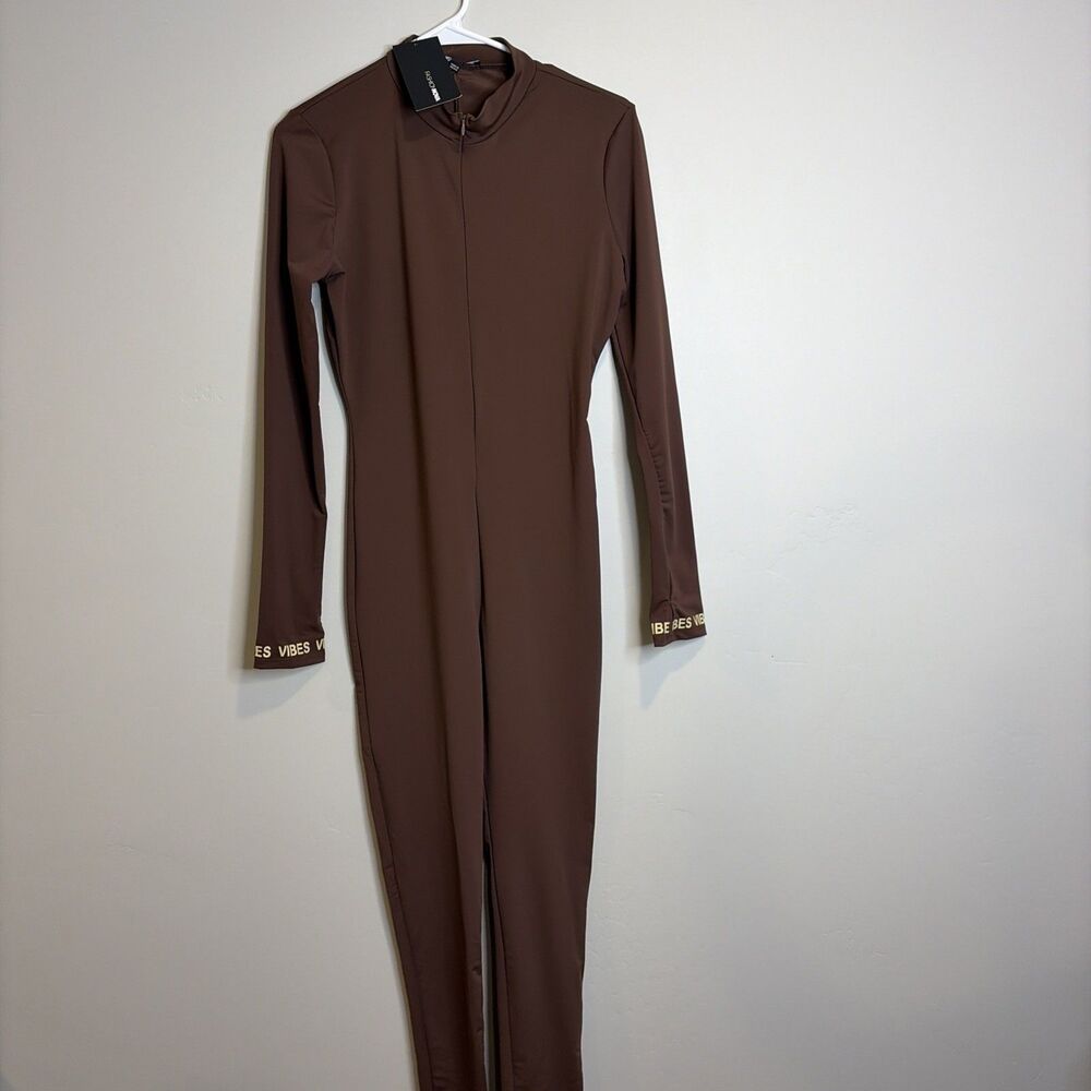 Fashion Nova Jumpsuit Sz M The Best Vibe Brown Long Sleeve Bodysuit Coquette